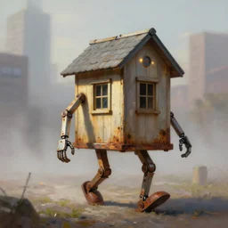 a walking tiny wood house with two mechanical legs and two glowing eyes and two arm, rust, hyperrealistic, pareidolia, highly detailed, cinematic, single ray of sun, fog, city in background, beautiful, cgssociety, artstation, 8 k, oil painting