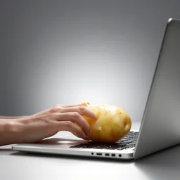 photo still of a potato using a laptop computer, 8 k, studio lighting, back light
