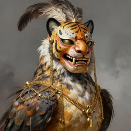 masterful fantastic realist painting an exotic ancient feathered and bejeweled bird wearing an exquisitely painted bugaku mask of a tiger, gold chains strung like tinsel, digital painting trending on artstation, viciously blinded, volumetric lighting and mist, cosplay, portrait painting, hyperrealistic, octane render