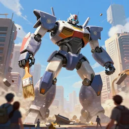 A large imposing robot with a paintbrush destroying a city, looking down at the people below, low angle, digital art