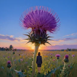 giant thistle flower under head, a girl in a suit in field of flowers, surreal photography, sunrise, blue sky, dramatic light, impressionist painting, digital painting, artstation, simon stalenhag