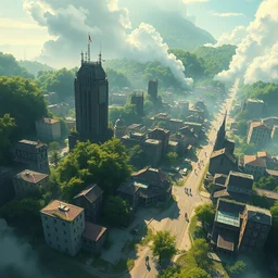 an stylized 2 d cinematic keyframe of a post - apocalyptic city covered by nature roads seen from above rendered by studio ghibli, cenital shot, by andrea rochas, rule of thirds, golden ratio, ambient lighting, wlop, artgerm, artstation, watercolor by studio ghibli, high detail, trending on artstation