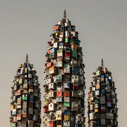 giant towers made up of colourful makeshift squatter shacks, mamiya, uniform plain sky, fine details, minimalist, photographed by sebastiao salgado