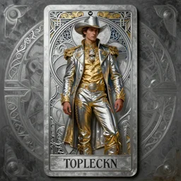 a dramatic ethereal epic symmetrical silver painting of a handsome cowboy in a silvery gold outfit | tarot card, art deco, art nouveau,  (steampunk), homoerotic, realistic | by Dresden Codak, by Mark Maggiori and ((((Alphonse Mucha))) | trending on artstation
