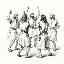 a gesture draw of people in Biblical clothing dancing. Gesture draw, pen
