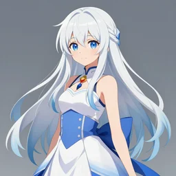 rima mashiro, absurdly long hair, white and blue, wearing a dress, in the style of beksinski, vibrant, chiaroscuro, high detail, perfect artwork, clean lines