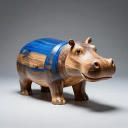 wood, full subject shown in photo, award - winning photo, a photo of a model hippo made of repurposed elm wood composite mixed with straight lines blue epoxy resin, epoxy resin, dramatic lighting, studio zeiss 1 5 0 mm f 2. 8 hasselblad
