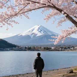 mount fuji, view from behind lake, sunny morning, photorealistic landscape, 8 k, octane render, standing under blossoming cherry trees