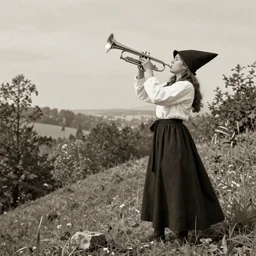 a woman blowing a fanfare trumpet while wearing a white long sleeved shirt a long black skirt and a long pointed hat on a hill on a forest, full shot, neo medieval illustration, light sepia, album art, she is on the right facing left