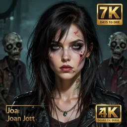 portrait of young joan jett as a zombie with cuts on face, 7 days to die zombie, fine art, award winning, intricate, elegant, sharp focus, cinematic lighting, highly detailed, digital painting, 8 k concept art, art by guweiz and z. w. gu, masterpiece, trending on artstation, 8 k