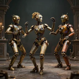 steampunk robots dancing by otto dix and greg rutkowski and andreas rocha, cinematic lighting, highly detailed, 4 k