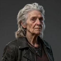 an old woman with a mullet, game character concept art, wide view, high detailed, craig mullins, peter mohrbacher, unreal engine, 8 k, dark beauty, trending on artstation