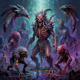 hybrid of all animals, mythical monsters, cthulhu, melting horror, feathers, fighting the horrors of the unknown philosophy, gods, glitch, acid, dmt, lsd, high resolution, very detailed, colorful, greg rutkowski