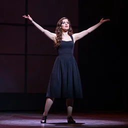 beautiful theater actor from nyc, female, 1 8, performing on stage, brunette, blue eyes, 5 foot height, dramatic lighting