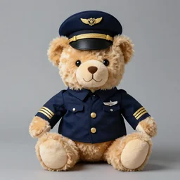 studio portrait photograph of a smiling teddy bear in a pilot's uniform