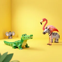 low poly render, studio lighting, yellow brightly lit room, crocodile flamingo koala zebra, paper, selfie view