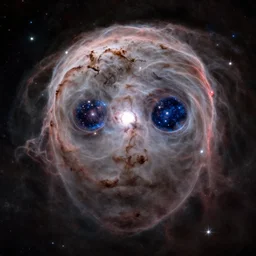 a head - shaped!! nebula with stars for eyes, photo taken with james webb telescope
