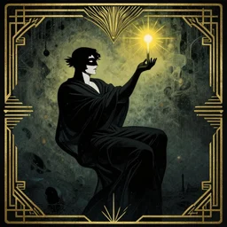 a true hero, sinking, wrapped in black, clutching a hopespark in the drifting voids. Art Deco, by Vincent Di Fate and Tim Burton