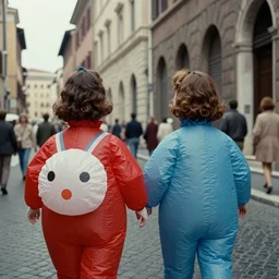 two women dressed as squishy inflatable toys from behind, on the streets of rome, film still, fellini 1977 technicolor