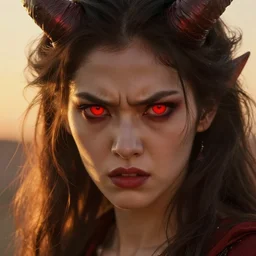 close up of brunette angry demon girl. glowing red eyes. horns. Art by William-Adolphe Bouguereau. During golden hour. Extremely detailed. Beautiful. 4K. Award winning.