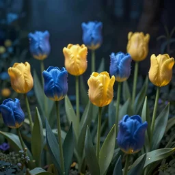 beautiful digital matte painting of whimsical garden illustration blue and yellow tulips, night enchanted dark background dark contrast by android jones