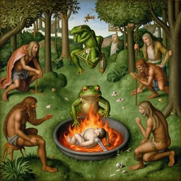 a frog dunking over demons boiling a sinner in the garden of earthly delights, hieronymus bosch