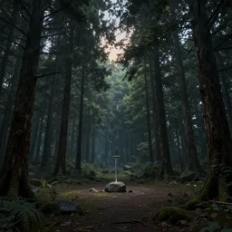 scene of a vast forest, far in the distance, in the middle of the forest is a clearing with a sword placed in a stone, dusk, low - light, sun rays peaking through canopy, high detail, fantasy, artstation, 8 k, wide angle