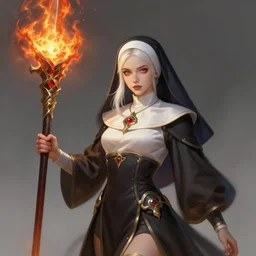 a highly detailed illustration of beautiful platinum blonde nun wielding giant flaming lance, powerful wielding lance pose, perfect face, intricate, elegant, highly detailed, centered, digital painting, artstation, concept art, smooth, sharp focus, league of legends concept art, wlop.