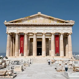 greek athens temple, fully restored, newly built reconstructed, white marble and gold, red banners. 8 k hd instagram photo at behance, epic cinematic movie shot, 1 9 9 0 s. adobe lightroom, photoshop