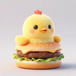 a small chick animal on a hamburger, food photography, 3d render, studio lighting, highly detailed