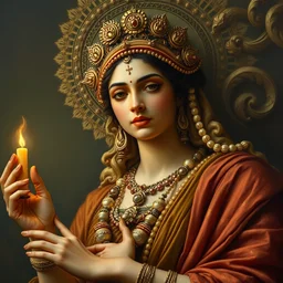detailed potrait of saraswathi as greek goddes in baroque style, painting by james jean, craig mullins, j. c. leyendecker, lights, art by ernst haeckel,