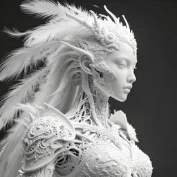 white metallic armour, elegant, 1 5 0 mm, fine mandelbrot fractal lace, hyper real, ultra detailed, 1 6 k, octane render, soft rim light, white peacock feathers, hg giger, roots, beautiful young porcelain intricate bio - mechanical vegetal - dragon - cyborg - female, bw close - up profile face