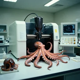 a mri 3 d printer machine and control panels in the laboratory inspection room making mutant octopus forms, film still from the movie directed by denis villeneuve with art direction by salvador dali, wide lens