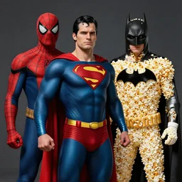 super man dressed as spider man dressed as batman dressed as popcorn, masterpiece, highly detailed, high quality, 4 k, anatomically correct, hyperrealistic, concept art, octane render, unreal engine 5, trending on artstation, trending on deviantart, matte, historical painting, fantasy style, path traced, high coherence, soft lighting, digital painting, mythical