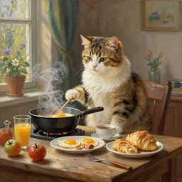 a cute cat cooking a breakfast, impressionist painting, masterful