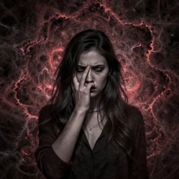 A woman with strong paranoid visions is stalked by something unknown, creepy fractal collage ,high quality printing, fine art with subtle redshift rendering