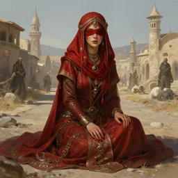 a full body portrait of a beautiful post apocalyptic offworld artisans district bedouin blind pulp fiction scarlet wild rogue barbarian leper begging by the roadside, intricate, elegant, highly detailed, digital painting, artstation, concept art, smooth, sharp focus, illustration, art by krenz cushart and artem demura and alphonse mucha