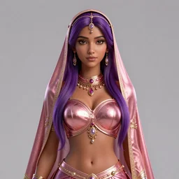 a regal young hyderabadi woman with long purple hair and brown skin wearing a rose gold niqab and rose gold breastplate and circlet, 3 d render by mandy jurgens, artgerm, and lu ji, centered, artstation contest winner, cgsociety, fantasy art, cryengine, concept art, photorealism, daz 3 d, sketchfab, zbrush