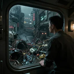 he looks out from the interior of his capsule hotel and gazes upon the toxic cesspool that is the future, dark and gritty cyberpunk noir