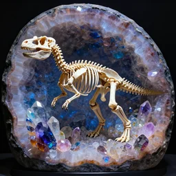 photorealistic dinosaur skeleton inside a geode of colored crystals, volumetric lighting
