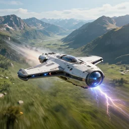 Futuristic spaceship flying on supersonic speed above grassy valley with gorgeous mountain range in the background, view from above, cinematic, dramatic volumetric lightning, epic composition, 8K Ultra HD, high detail, Octane render