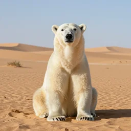 multicolor photo of polar bear sits in the sahara desert by steve mccurry created at modern world in 4 k ultra high resolution and with medium shot, with funny feeling