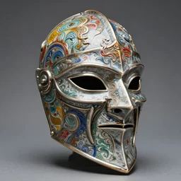 fantasy art ultra 4 k photo of a bizzare colorful metal armor knight mask made of ceramic carved by a master engraver by h. r. giger