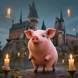 harry potter as a pig, hogwarts castle, floating candles, trending on artstation, 8 k