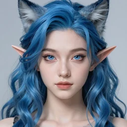 centered detailed portrait of a extremely beautiful aesthetic young girl, cat and elves hybrid, symmetrical, long blue wavy hair, sharp focus on the eyes, final fantasy, details, intricate, octane render, smooth face, illustration, fairy lighting, hyperrealistic, by wlop and dmitry prozorov, artgerm, artstation, award winning,