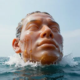 a massive sculpture of a squashed human face made out of dripping jelly on the ocean water, cinematic, hyper - realistic, very detailed, realistic water splashes, ray tracing, 8 k resolution, long - shot, sharp focus, low angle, 8 5 mm photograph, wide lens