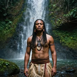 a self portrait of jimmy nelson wearing tribal clothes, standing in front of a waterfall, deep in the rainforest, professional light, photo by jimmy nelson, 8 k, photorealistic imagery, trending on artstation, artstationhq, artstationhd
