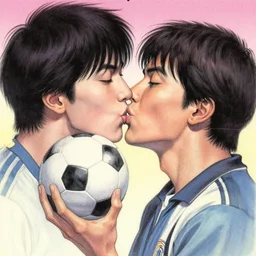 glossy old advertising poster of a a man kissing a soccer ball, horror, drawn comic by junji ito, pastels, gradient,