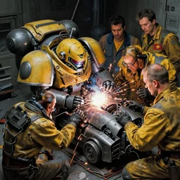 a mechwarrior machine getting repaired. some welder sparks. style by simon bisley, ismail inceoglu, wadim kashin, filip hodas, benedick bana, and andrew atroshenko.
