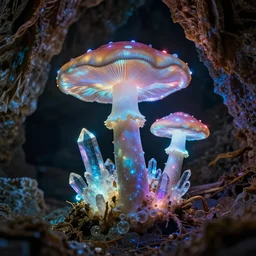 iridescent cave, glowing mushrooms, glowing crystals, neon, hyperrealistic